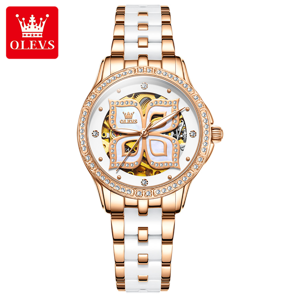Skeleton Mechanical Watch - OLEVS 여성용 자동 시계, 세라믹 스트랩,