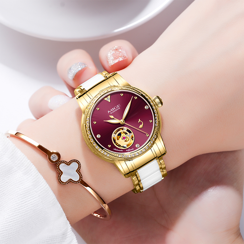 MIGE 여성용 스켈레톤 오토 시계 골드 화이트 세라믹 - Skeleton Mechanical Watch 리뷰 및 가격